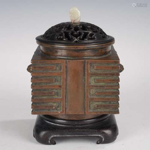 A CONG SHAPED BRONZE INCENSE BURNER