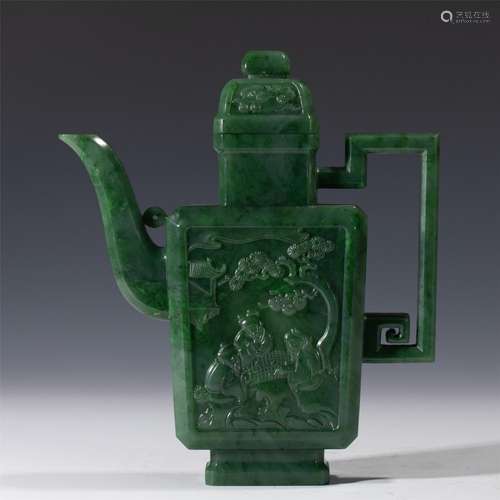 A CARVED SPINACH GREEN JADE EWER