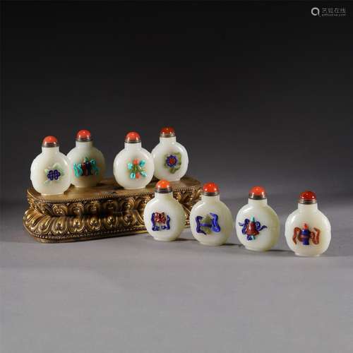 A GROUP OF HARDSTONES INLAID JADE SNUFF BOTTLES