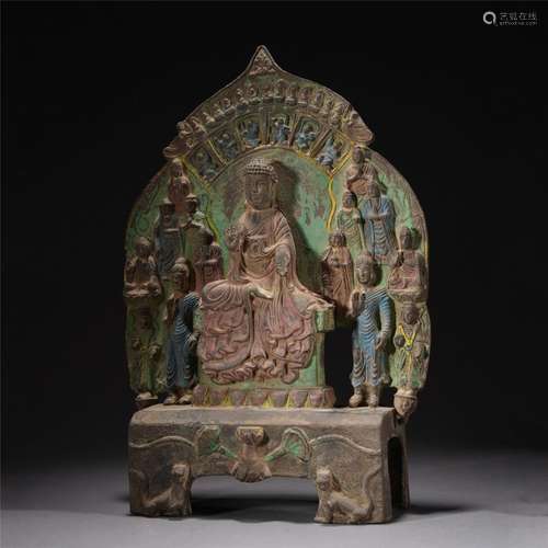 A BRONZE PAINTED COLOR FIGURE OF BUDDHA STANDING STATUE