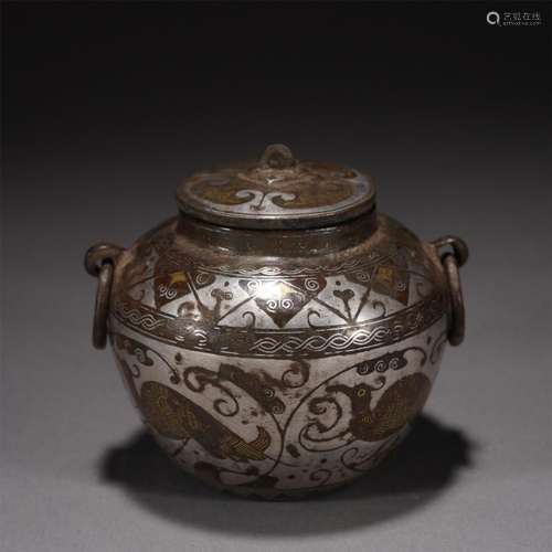 A BRONZE PAINTING GOLD AND SILVER LIDDED JAR