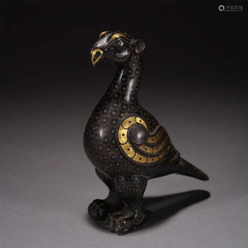 A BRONZE PAINTING GOLD AND SILVER BIRD