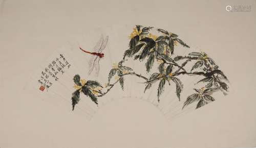 FAN PAINTING DEPICTING DRAGONFLY AND FLOWERS IN AUTUMN