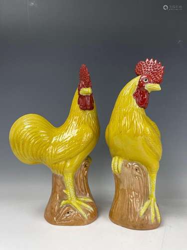 Pair of Yellow Glazed Cockerels Figure Jinshengsheng Mark