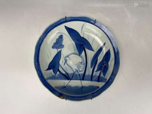 A Blue White Porcelain Plate Lotus and Heron