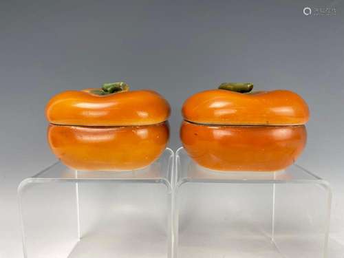 Pair of Asian Porcelain Persimmon Tea Canister