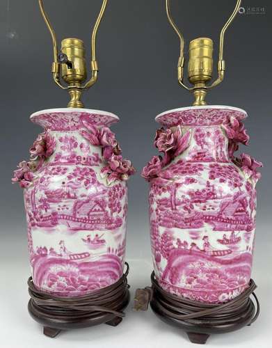 Pair of Chinese Pink Famille Rose Porcelain vase lamps