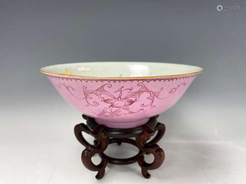 A Chinese 18th C. Rose Pink Porcelain Bowl and Wood Stand