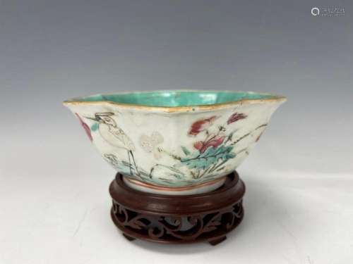 A Chinese Famille Rose Porcelain Bowl With Wood Stand