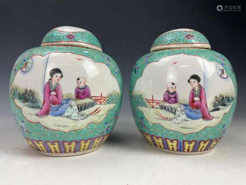 A Pair of Chinese Famille Porcelain Rose Jars lidded