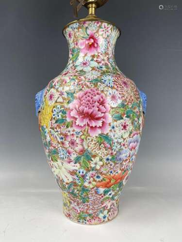 A Chinese Mille Fleur Porcelain Vase Lamp Qianlong Mark