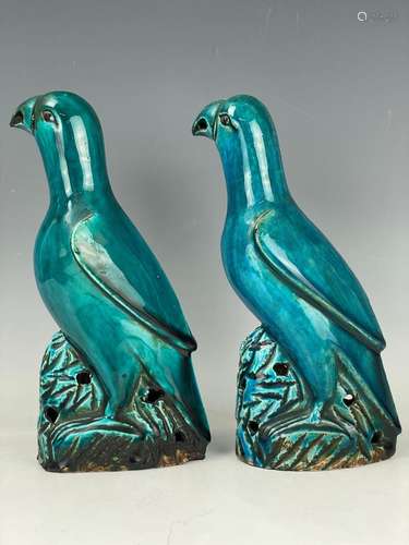 Group of Two Blue Glazed Porcelain Parrots