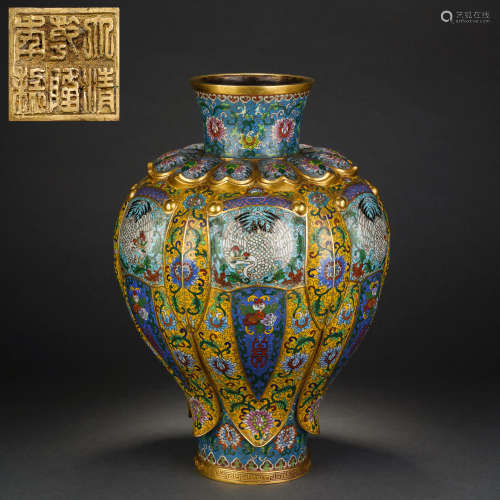 Qing Dynasty Cloisonne Wrapped Crane Pattern Lotus Petal Vas...