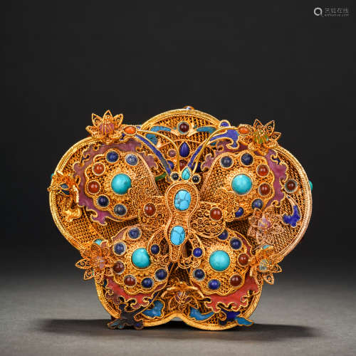 Qing Dynasty Gilt Filigree Inlaid Gem Butterfly Cover Box