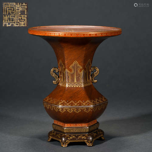 Qing Dynasty Bronze Glaze Painting Gold Double Ear Zun