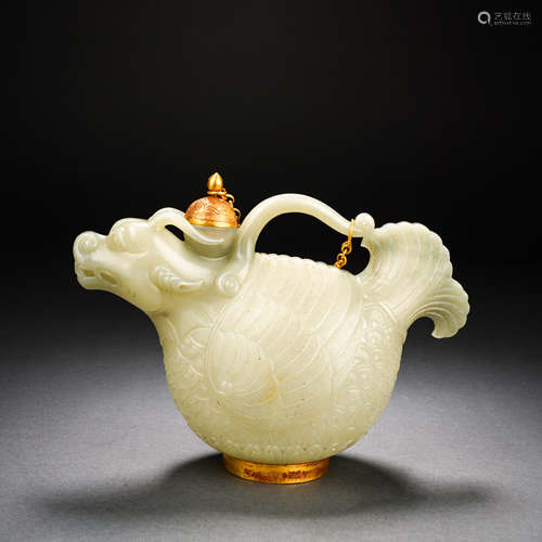 Ming Dynasty Hetian jade wrapped gold fish dragon holding po...