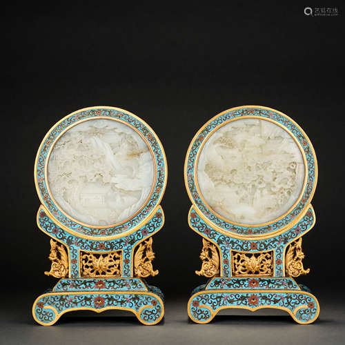 Qing Dynasty A Pair of Cloisonne Inlaid Hetian Jade Landscap...