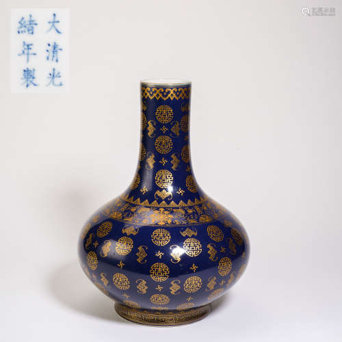 Qing Dynasty Blue and Gold Flower and Bird Pattern Celestial...