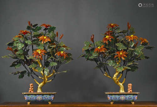 A pair of cloisonne inlaid agate and jade bonsai