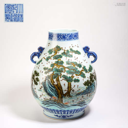 Qing Dynasty blue and white enamel colorful pine and crane p...