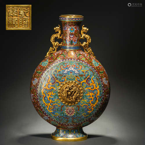 Qing Dynasty Cloisonne Dragon Pattern Beast Ear Holding Moon...