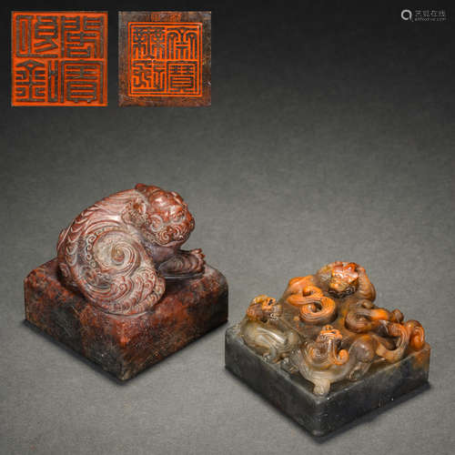 Two pieces of Shoushan stone animal seals collected by celeb...