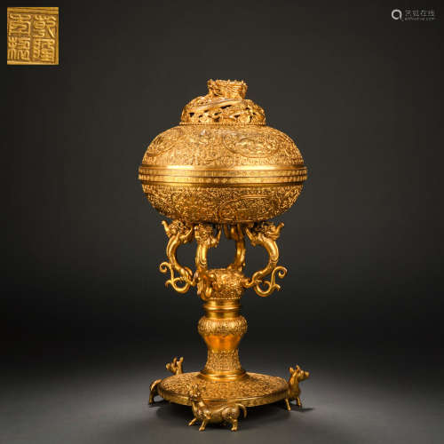 Qing Dynasty Gilt Bronze Hollow Dragon Button Animal Foot Sm...