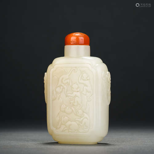 Qing Dynasty Hetian Jade Monkey Birthday Snuff Bottle