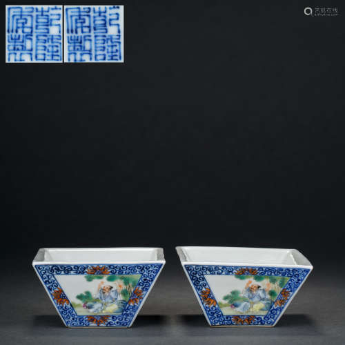 A Pair of Square Cups with Blue and White Enamel Characters ...