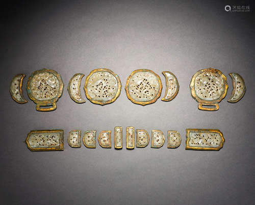 Pre-Ming Dynasty A Group of Gilt Bronze Inlaid Hetian Jade F...