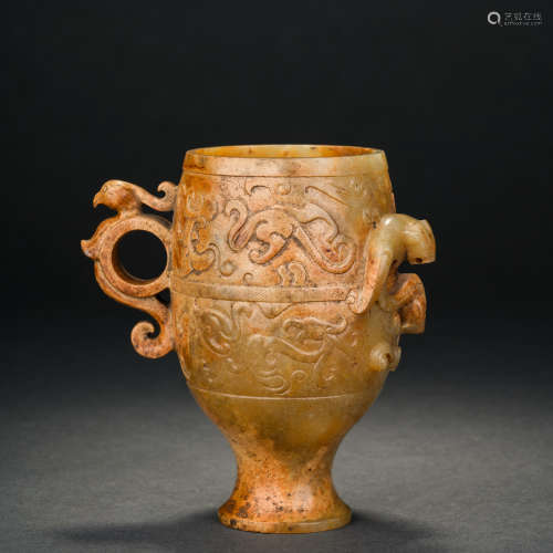 Before the Ming Dynasty, a Hetian Jade Cup with Animal Patte...