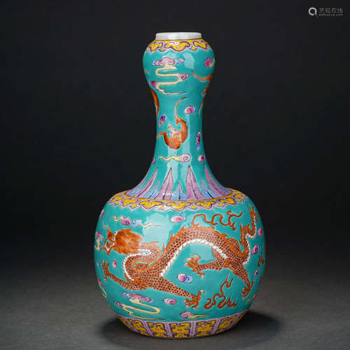 Qing Dynasty blue alum red dragon pattern garlic bottle