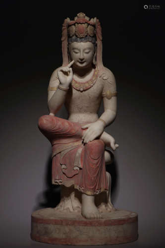 Northern Qi Dynasty White Marble Paste Gold Painted Figure o...