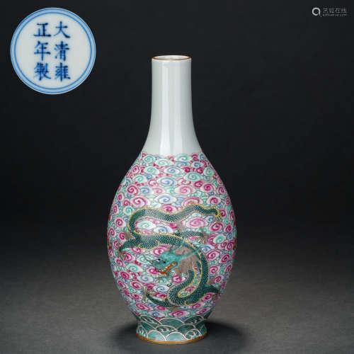 Qing dynasty famille rose dragon pattern olive vase