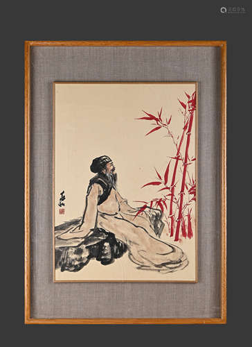 Jiang Zhaohe (Thinking of Bamboo) on paper and solid wood ol...