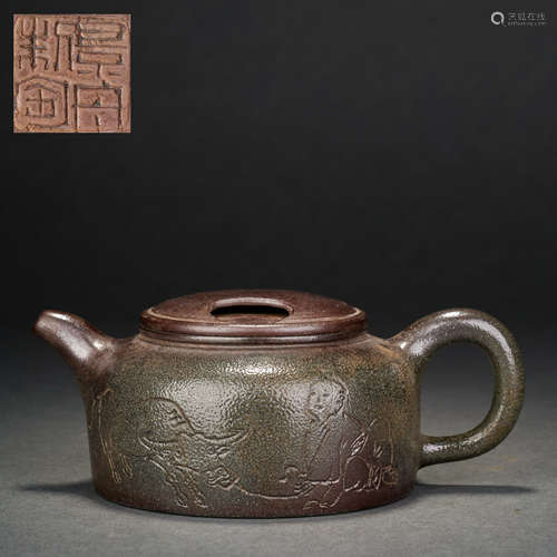 Gu Jingzhou herding cattle picture purple sand pot