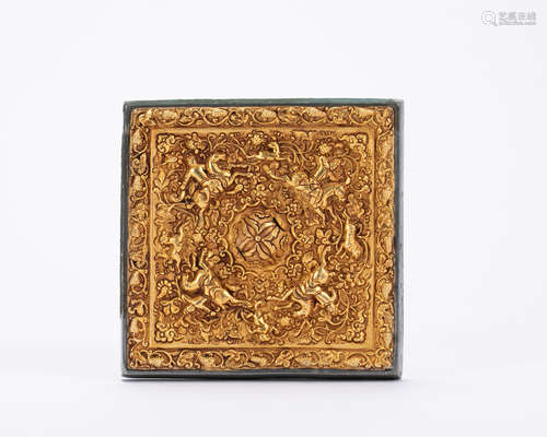 Square Gilt Gold on  Bronze MirrorTang dynasty (618-907)