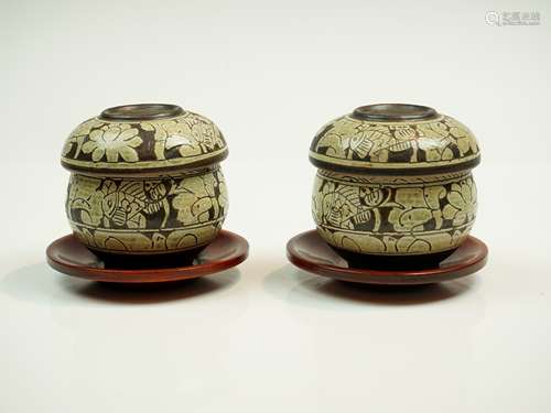 Buncheong Lidded Tea Bowls with Inlaid Peony Design