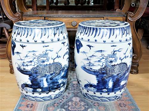 A Pair of Blue and White Kylin Garden Stools