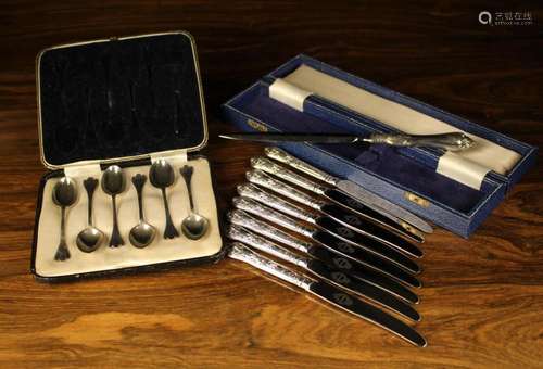 Three Cases of Silver Cutlery: A cased set of six small trif...