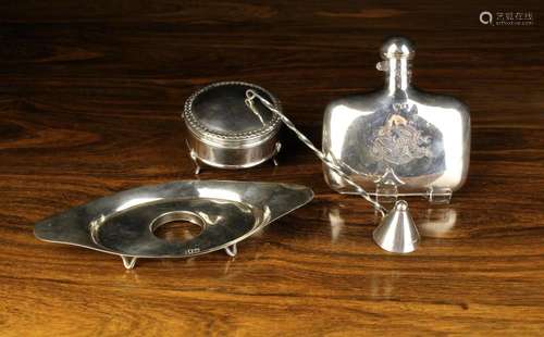 A Silver Candle Snuffer, Hip Flask, Trinket Pot and oval sta...