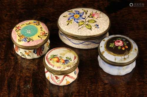 Four Bilston Enamel Patch Boxes decorated with flowers (A/F)...