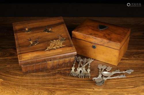 Two Wooden Boxes & a Set of Dutch Silver Plated Cake For...