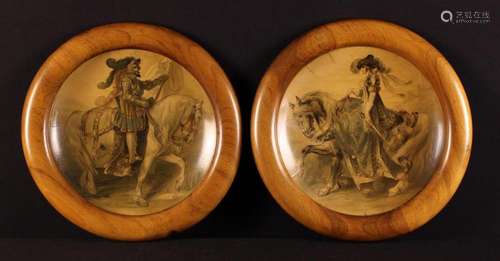 A Pair of Round Concaved Pictures of a Knight and Lady on ho...