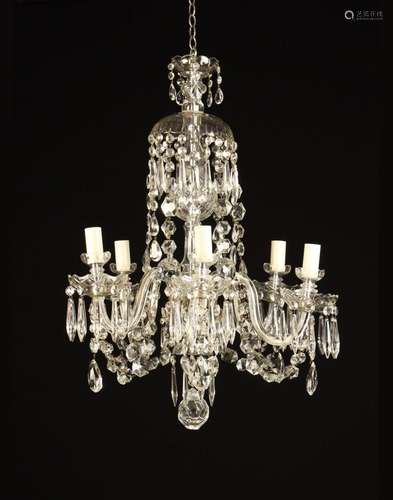 A Decorative Glass Five Branch Chandelier. The S-scroll bran...