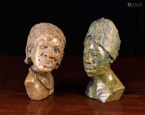 Two Vintage African Carved Stone Busts: One of a male in bro...