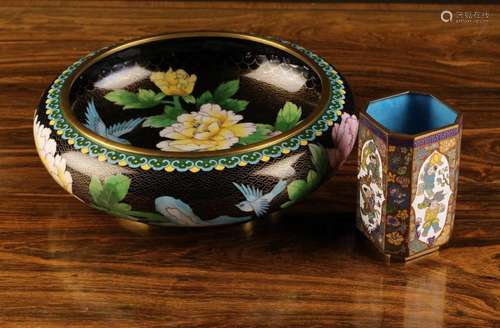 Two Pieces 20th Century Cloisonné ware: A bowl with incurvat...