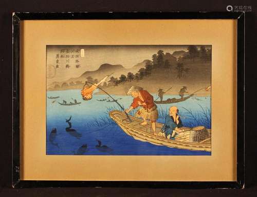 A 1920's Japanese Wood Print of Cormorant Fishing at God...