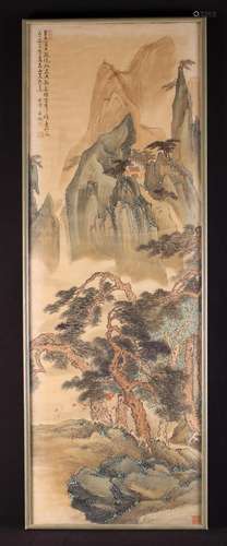 A Framed Early 20th Century Chinese Scroll Painting: Landsca...