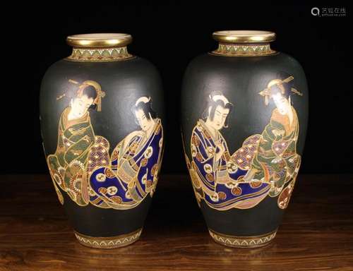 A Pair of Large 19th Century Satsuma Vases. The ovoid bodies...